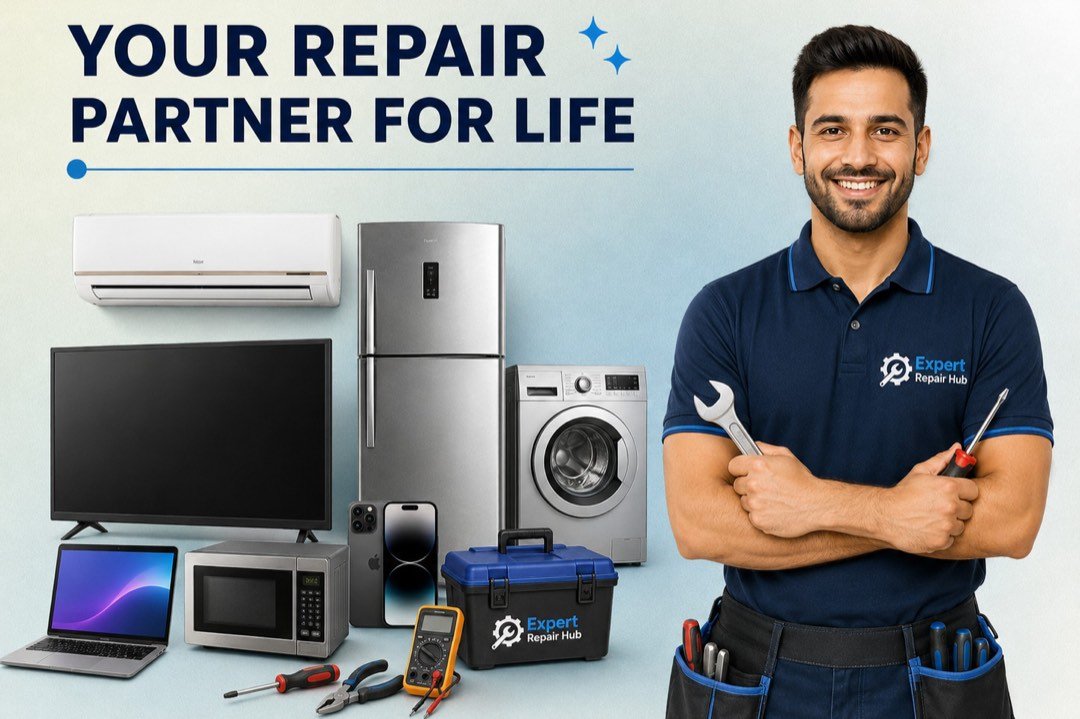 Expert Repair Hub technician with wrench and screwdriver, ready to repair air conditioners, refrigerators, washing machines, microwaves and televisions